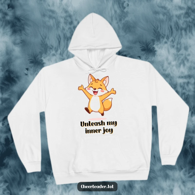 Funny hoodie with a jubilant fox leaping joyfully, arms spread wide, conveying a sense of freedom and happiness, a cozy and funny item.