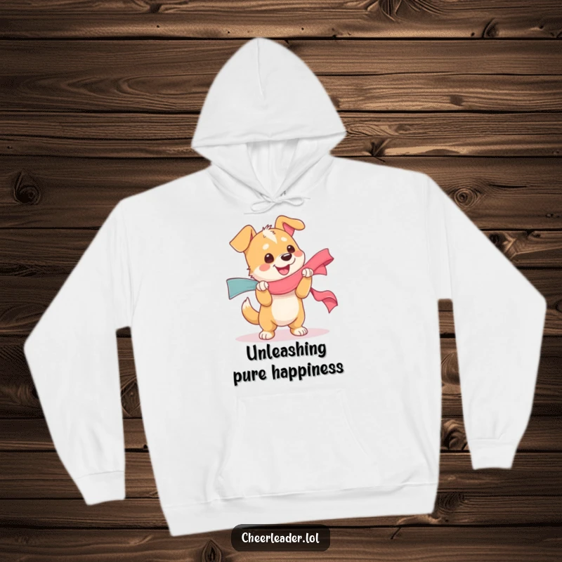 Funny hoodie featuring a dog character joyfully shaking a massive ribbon, radiating happiness, a warm and funny gift.