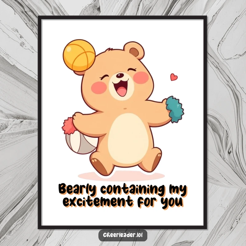 Funny Free Printable Wall Art: Giggling bear with pom-poms catching a ball, bringing playful energy to decor.