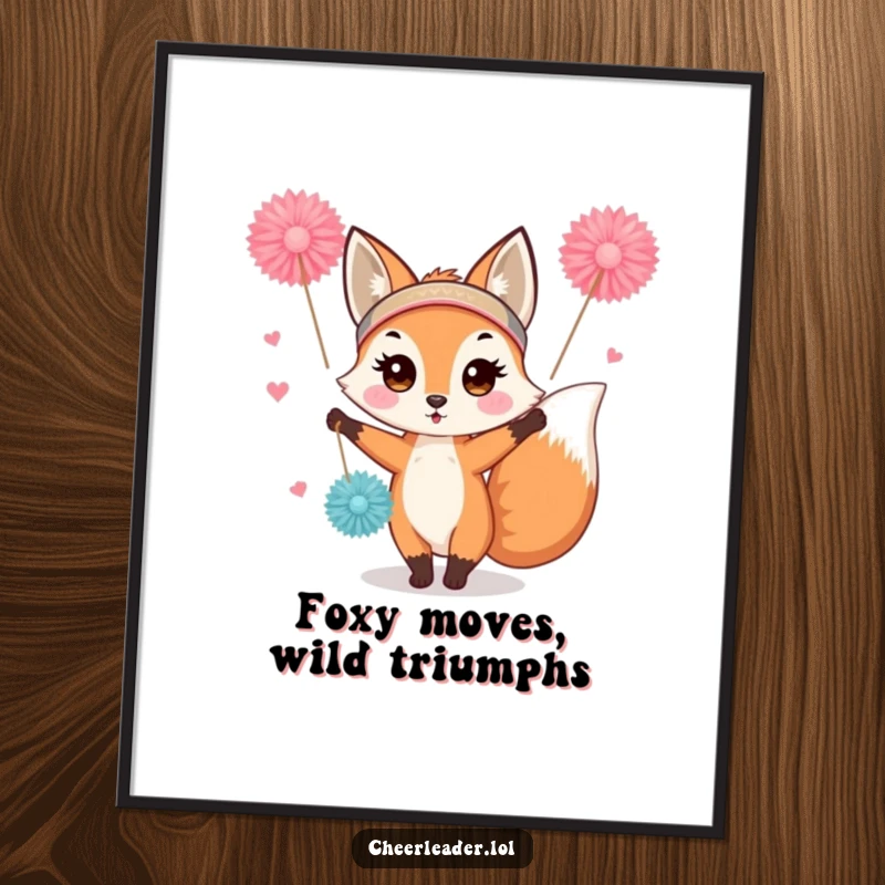 Funny Free Printable Wall Art of a cute fox in a headband enthusiastically waving pom-poms.