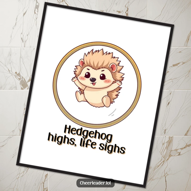 Funny Free Printable Wall Art: A determined hedgehog leaps through a hoop with impressive focus, ready for action. Hilarious downloadable art.