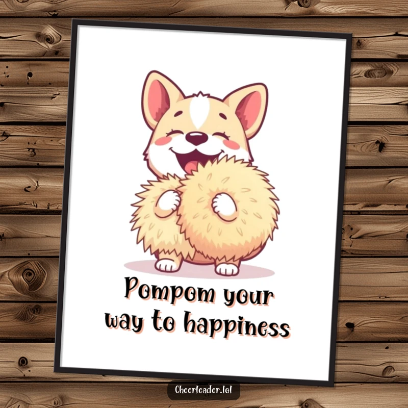 Funny Free Printable Wall Art: An energetic dog barking excitedly, enthusiastically holding a comically large pom-pom.