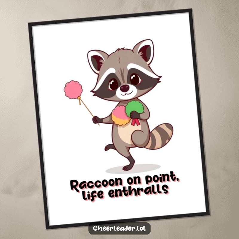 Funny Free Printable Wall Art: A curious raccoon performs a balancing act on one leg with pom-poms, bringing cheer. Hilarious downloadable art.
