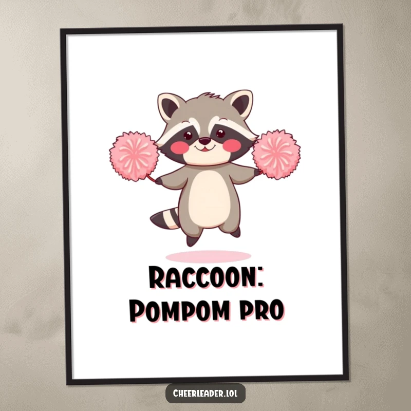 Funny Free Printable Wall Art: A blushing raccoon energetically jumping rope using two large pom-poms, captured mid-air with comical charm. Downloadable decor.