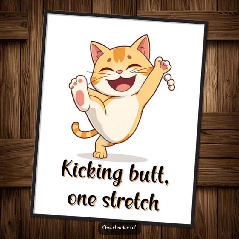 Funny Free Printable Wall Art: Determined cat executing a powerful high kick with a confident grin, full of playful action.