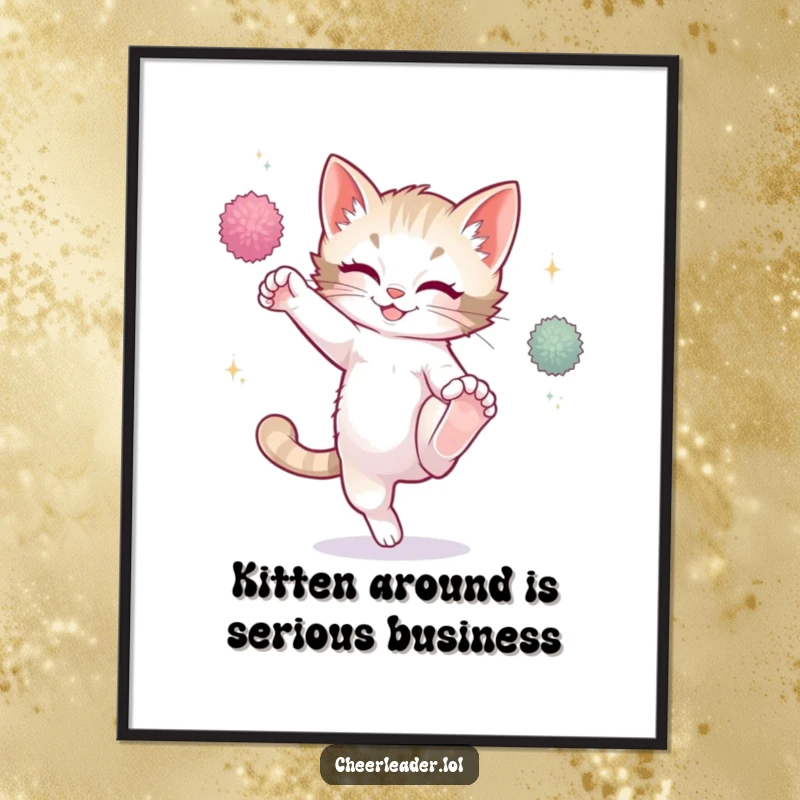 Funny Free Printable Wall Art: A playful kitten captured mid-high kick with sparkling pom-poms, exuding energetic joy.