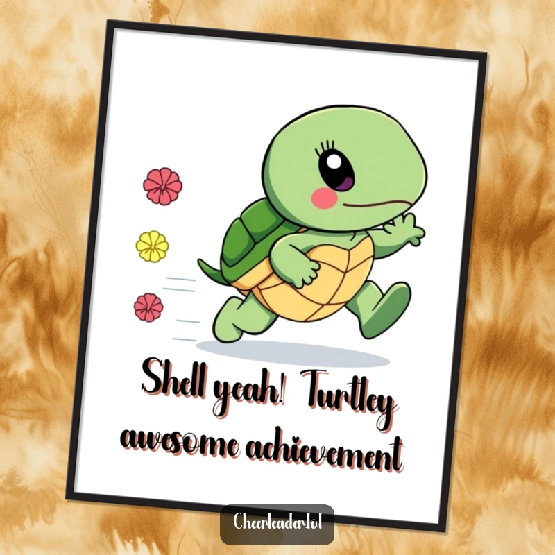 Funny Free Printable Wall Art: A Turtle depicted in a surprisingly fast motion, pom-poms trailing, creating a humorous blur.