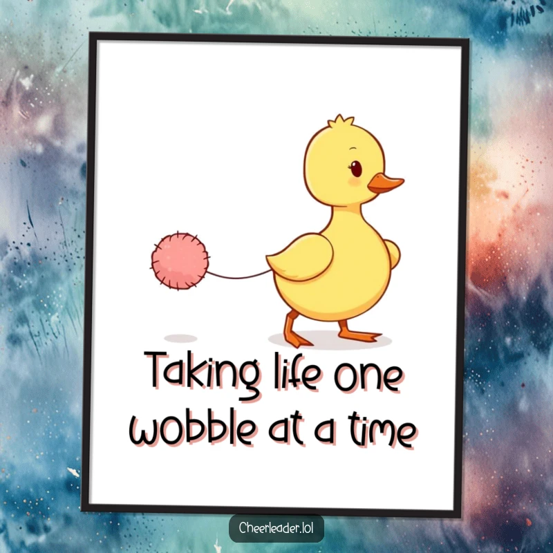Funny Free Printable Wall Art: A charmingly wobbly duckling marching in formation, holding a tiny pom-pom.