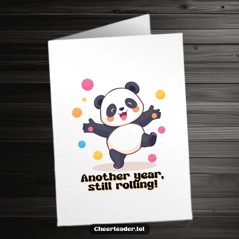 Funny Free Printable Birthday Card: A playful panda doing a cartwheel with bright pom-poms.