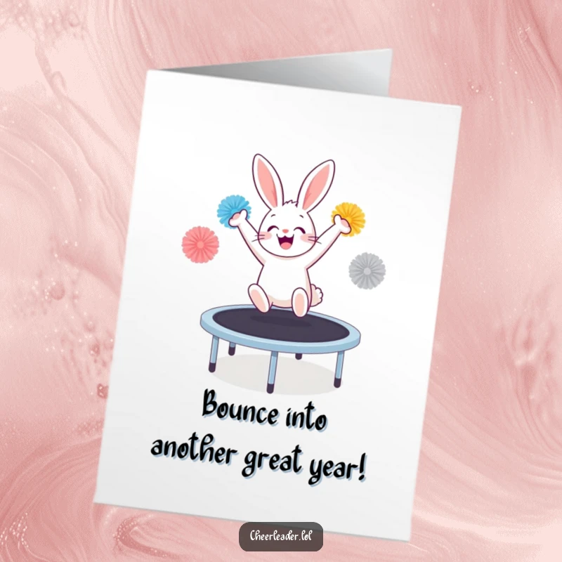 Funny Free Printable Bunny Birthday Card: Energetic bunny bouncing high on a trampoline with pom-poms mid-air.