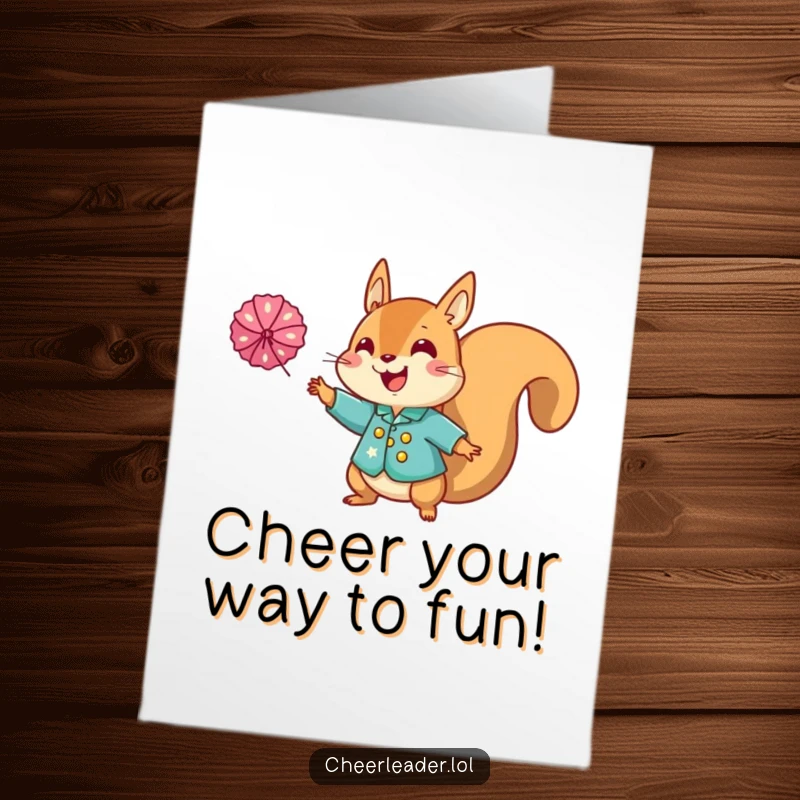 Funny Free Printable Birthday Card: Happy squirrel in sparkly uniform tossing pom-pom, full of enthusiasm, a fun birthday downloadable gift.