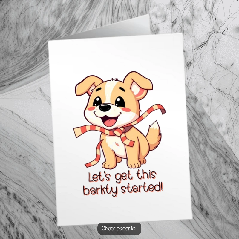 Funny Free Printable Birthday Card: Smiling dog barks excitedly while shaking a colorful striped ribbon for a happy birthday celebration.