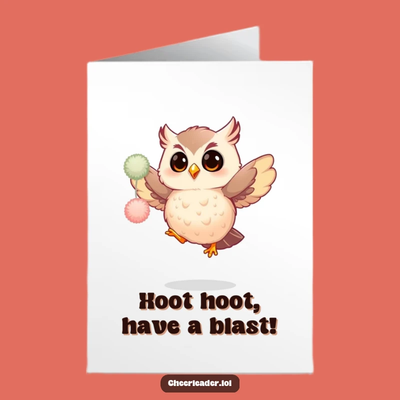 Free Printable Birthday Card: Giggling Owl Pom-Pom Jump Funny Downloadable Gift