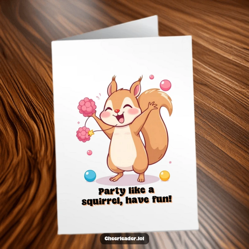 Funny Free Printable Birthday Card showing a giggling squirrel performing a cartwheel with pom-poms, ready to celebrate.