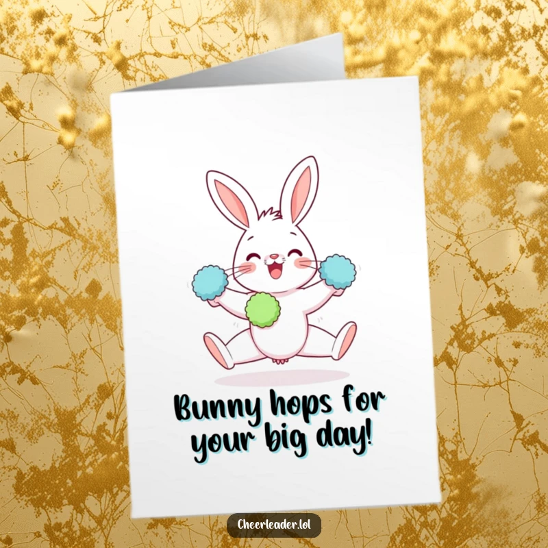 Funny Free Printable Birthday Card: A gleeful rabbit performing a perfect split, holding two pom-poms with a huge smile.