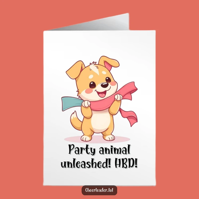 Free Printable Birthday Card: Joyful Dog Ribbon Shake - Funny Downloadable Gift