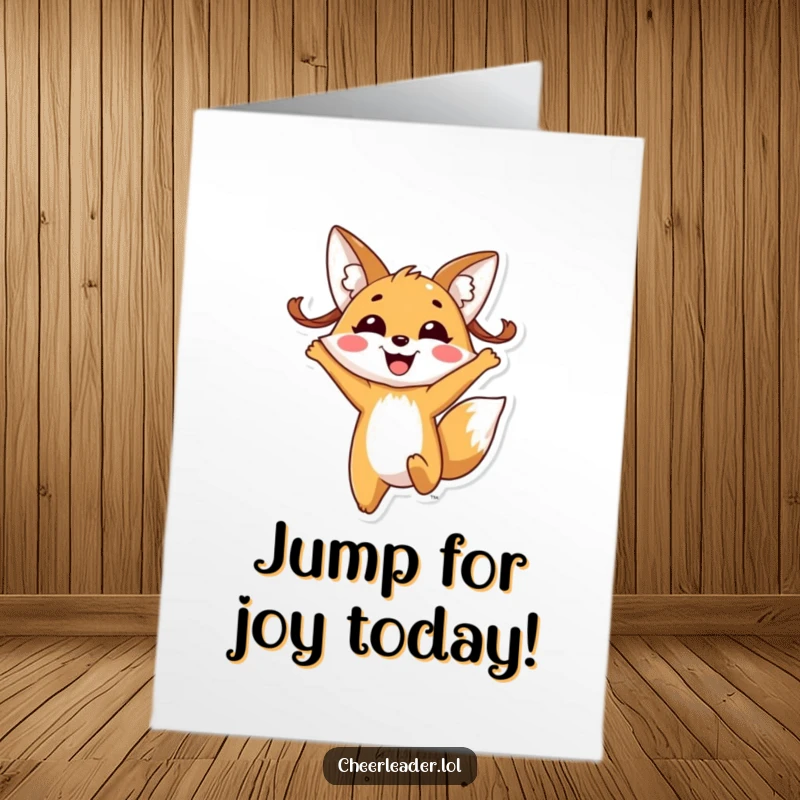 Funny Free Printable Birthday Card: Cheerful fox with pigtails jumping excitedly, a happy birthday downloadable gift full of smiles.