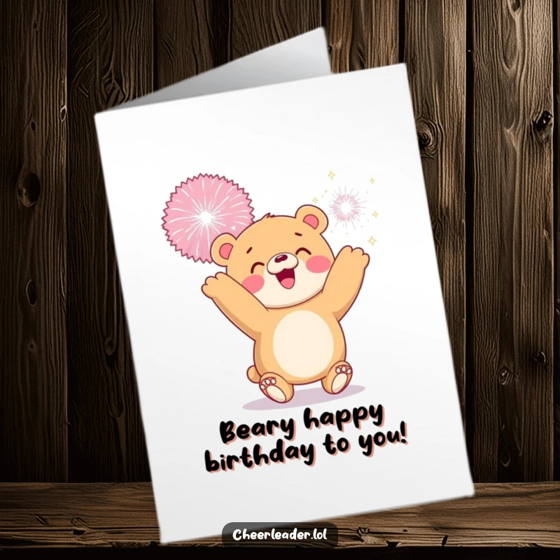 Funny Free Printable Birthday Card: A smiling bear cub joyfully tossing a huge, sparkly pom-pom high into the air.
