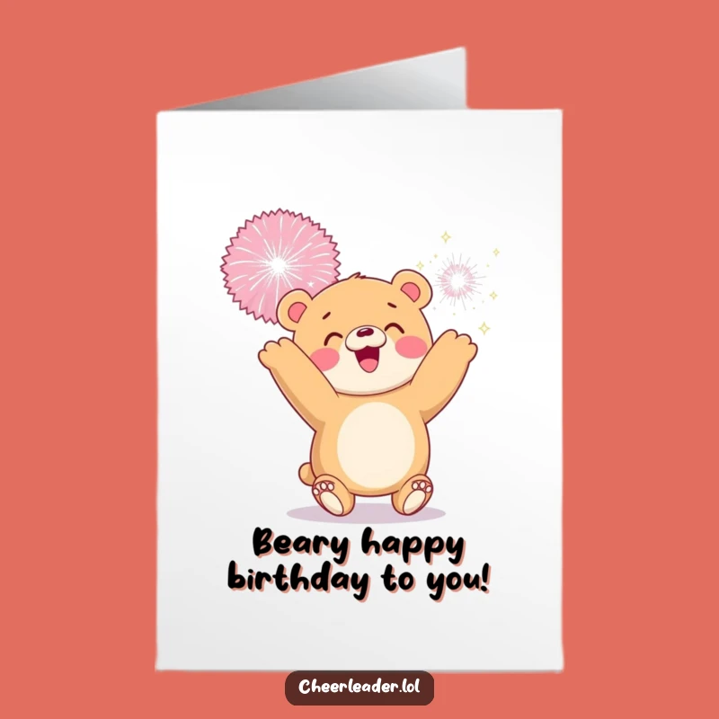 Free Printable Birthday Card: Smiling Bear Cub Sparkly Pom-Pom Funny Downloadable Gift