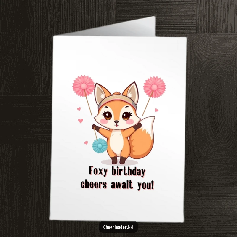 Funny Free Printable Birthday Card featuring a cute fox in a headband waving pom-poms energetically.