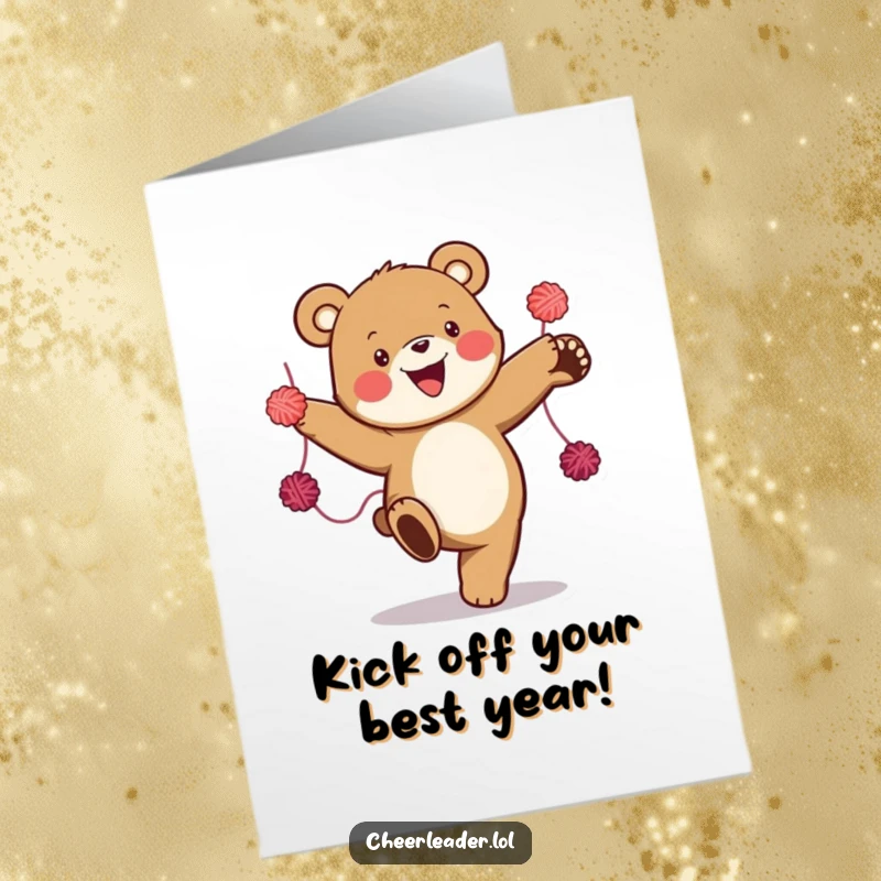 Funny Free Printable Birthday Card: A happy bear performing a dynamic high kick, yarn pom-poms flying.