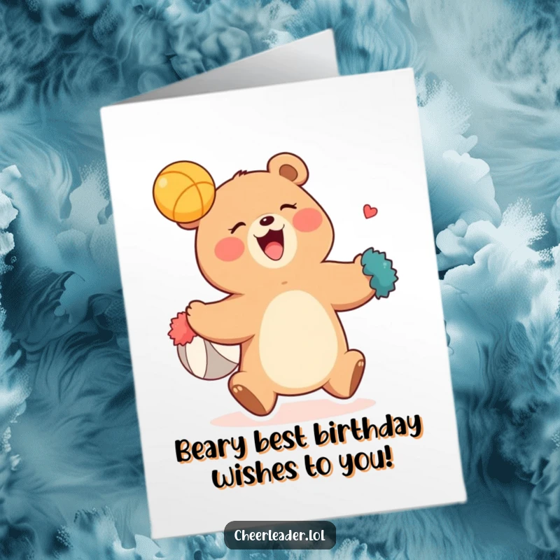 Funny Free Printable Birthday Card: Giggling bear in pom-poms catches a ball, spreading pure joy and birthday cheer.