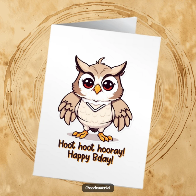 Funny Free Printable Birthday Card: An energetic Owl striking a proud cheerleader pose, ready to rally for the birthday.