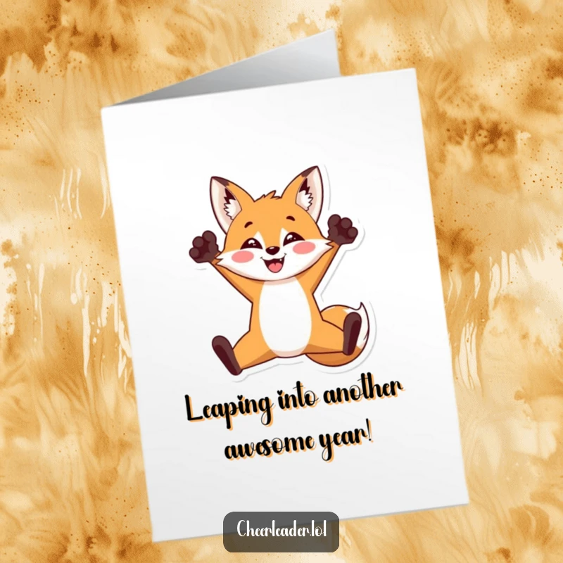 Funny Free Printable Birthday Card: Triumphant Fox mid-air split jump, paws raised in celebration, ready to party.