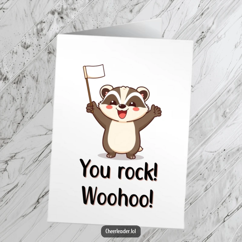 Funny Free Printable Congratulations Card: A cheerful badger smiling broadly, enthusiastically leading a celebratory cheer.