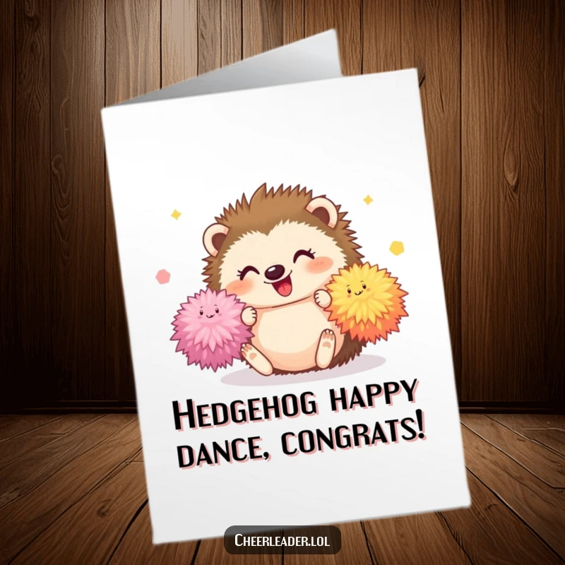 Funny Free Printable Congrats Card: Happy hedgehog tumbles with pom-poms, expressing celebratory fun, great DIY.