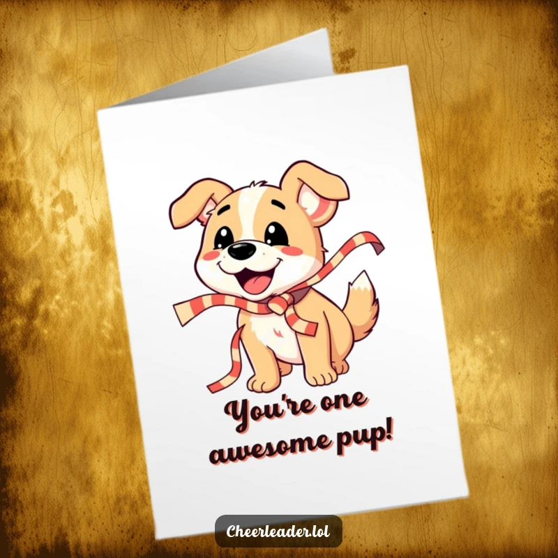 Funny Free Printable Congratulations Card: A happy dog enthusiastically shakes a long striped ribbon, cheering for a wonderful achievement.