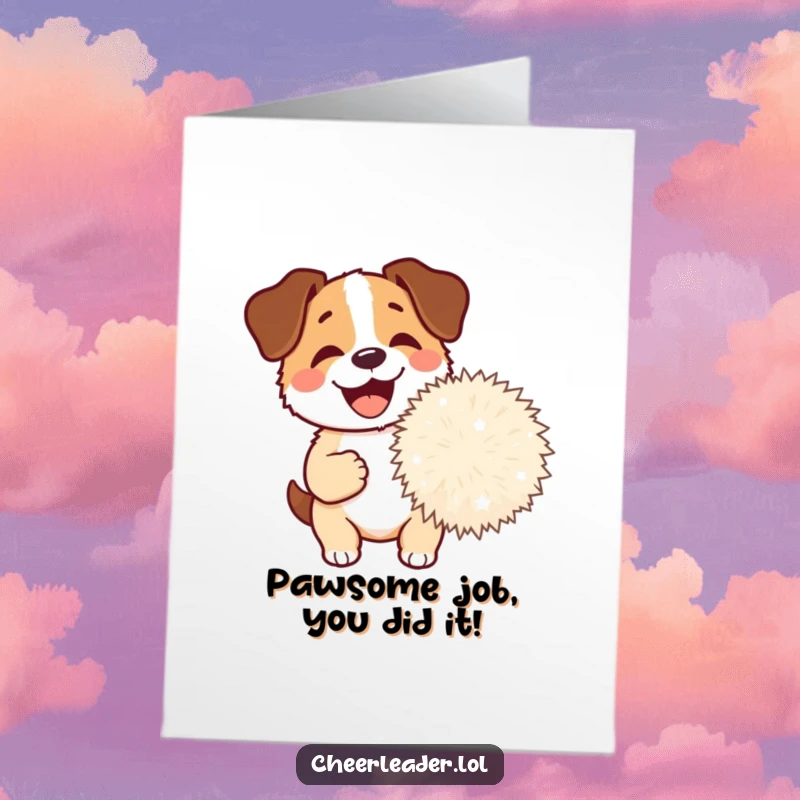 Funny Free Printable Congrats Card: Happy dog barking excitedly with a giant pom-pom, celebratory joy.