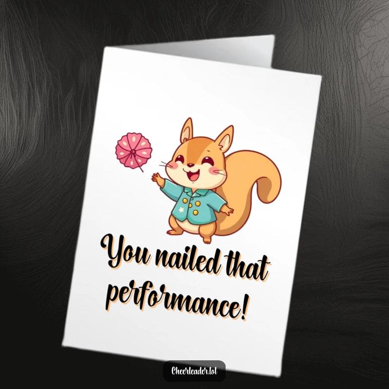 Funny Free Printable Congrats Card: Enthusiastic squirrel in a sparkly uniform tossing a pom-pom, a cheerful congrats downloadable gift.