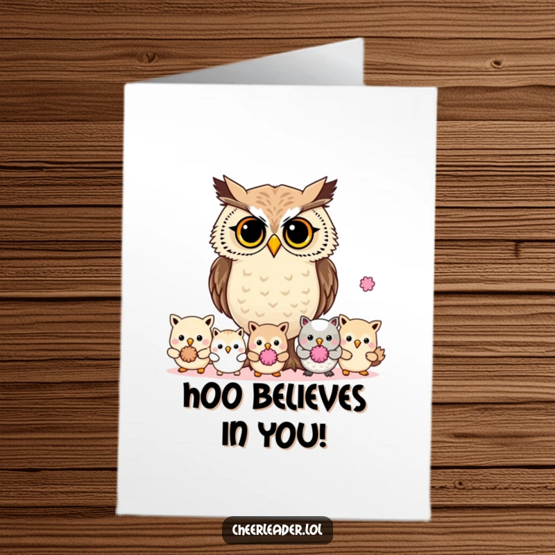Funny Free Printable Congratulations Card: A determined owl with pom-poms guiding others, signifying a triumphant leadership moment.