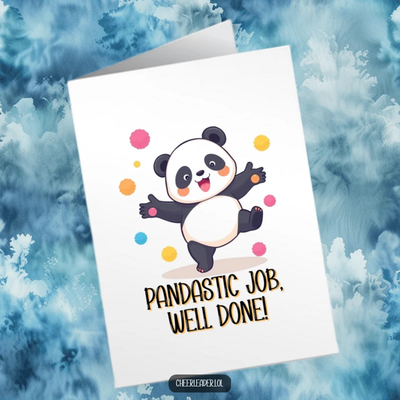 Funny Free Printable Congrats Card: A panda rolling in a cartwheel, pom-poms adding flair.