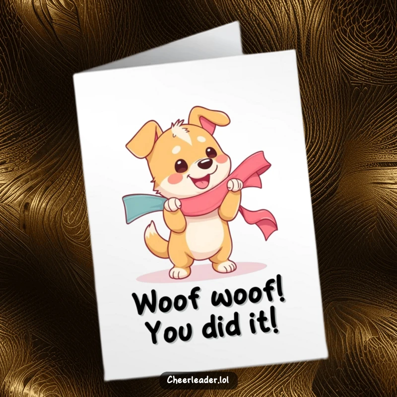 Funny Free Printable Congrats Card: A blissful Dog shaking a huge ribbon, radiating pure happiness and celebratory spirit.