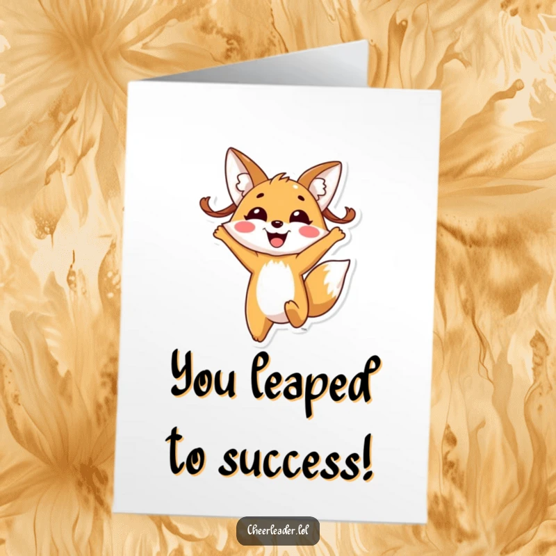 Funny Free Printable Congrats Card: Fox with pigtails joyfully jumping, a spirited and funny congrats downloadable gift.