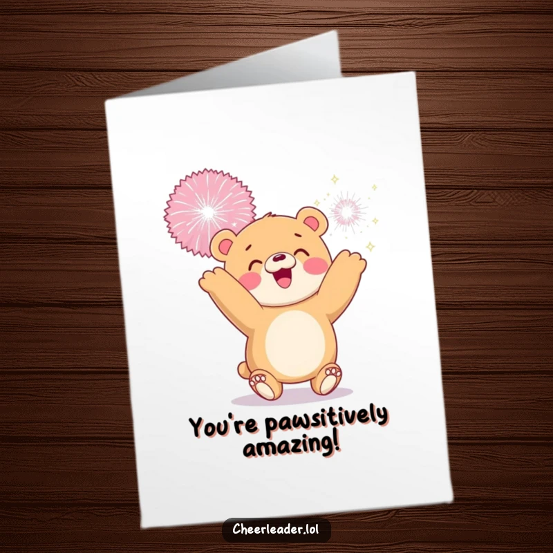 Funny Free Printable Congratulations Card: A happy bear cub tossing a giant, glittery pom-pom in celebration of a big win.