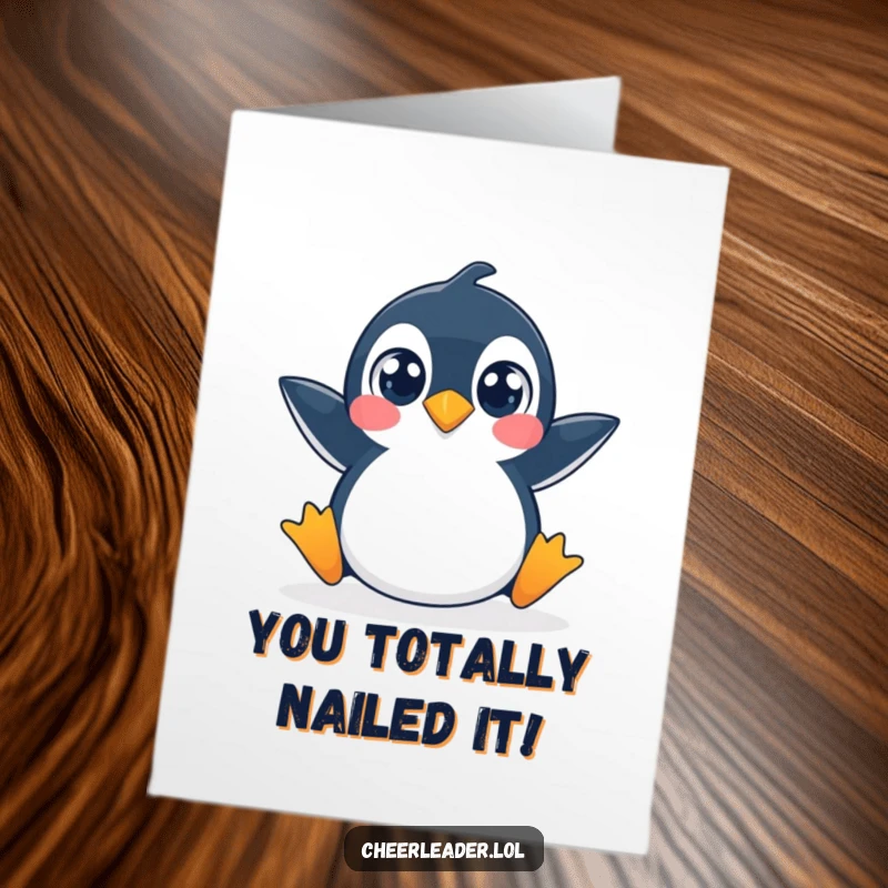Funny Free Printable Congratulations Card: Penguin doing a split with wide eyes, celebrating your amazing win.