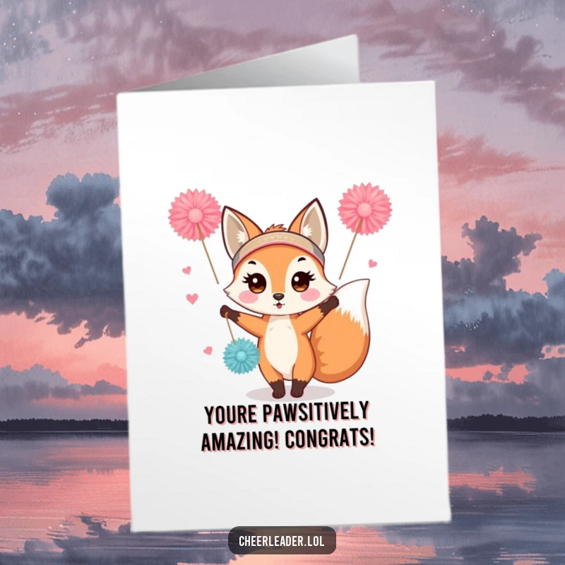 Funny Free Printable Congratulations Card with an enthusiastic fox in a headband waving pom-poms.
