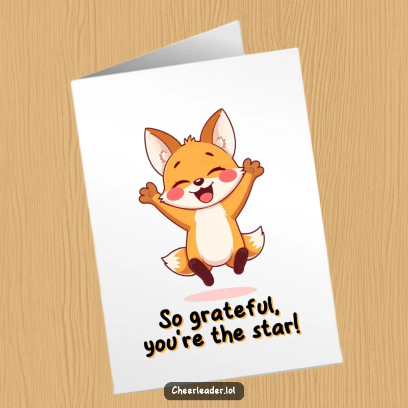 Funny Free Printable Thank You Card featuring a cheerful fox cub jumping with arms raised, ideal for expressing thanks.