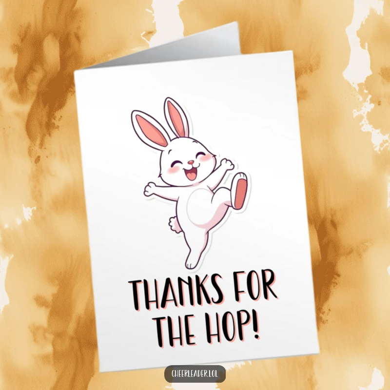 Funny Free Printable Thank You Card featuring a smiling rabbit performing an energetic high kick.