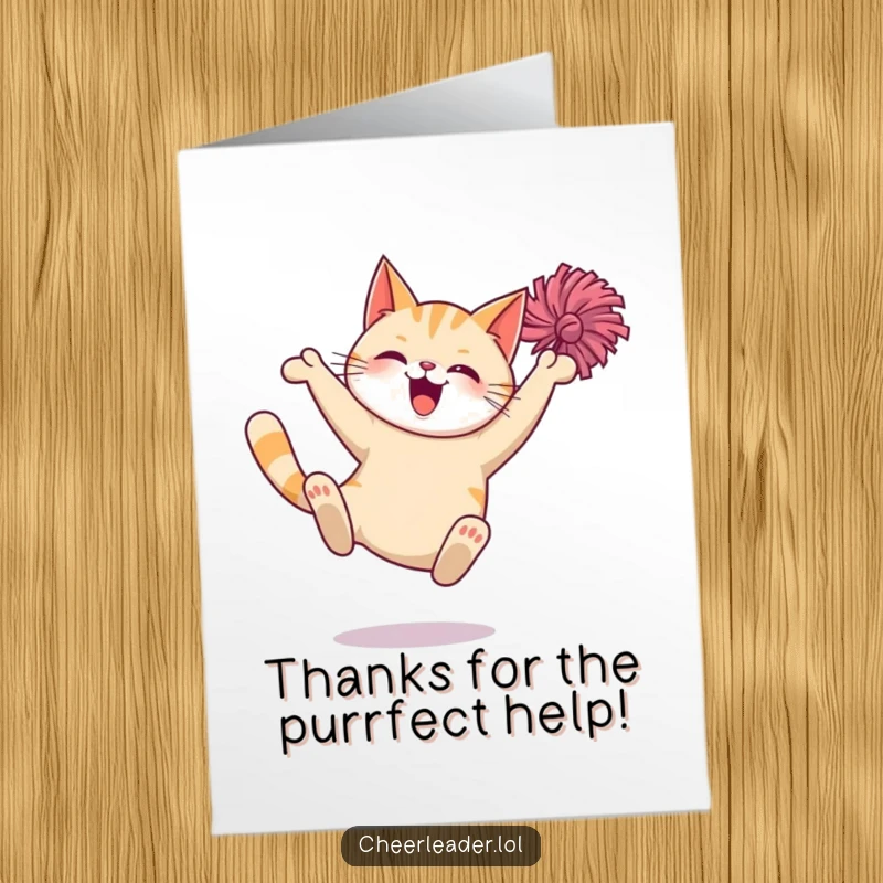 Funny Free Printable Thank You Card: Giggling cat performing a dynamic leap with pom-poms to show thanks.
