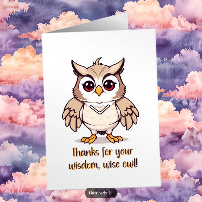 Funny Free Printable Thank You Card: A thankful Owl in a proud cheerleader pose, enthusiastically showing appreciation.