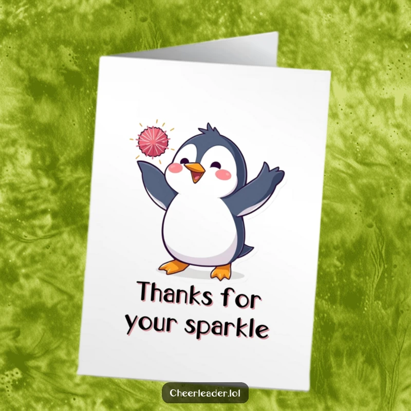 Funny Free Printable Thank You Card: A penguin in a lively pose tosses a sparkly pom-pom.