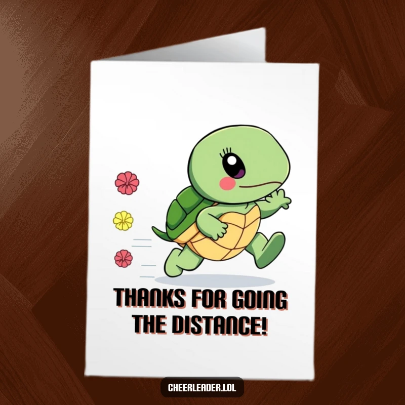 Funny Free Printable Thank You Card: A grateful Turtle moving at surprising speed, pom-poms flying, conveying speedy thanks.