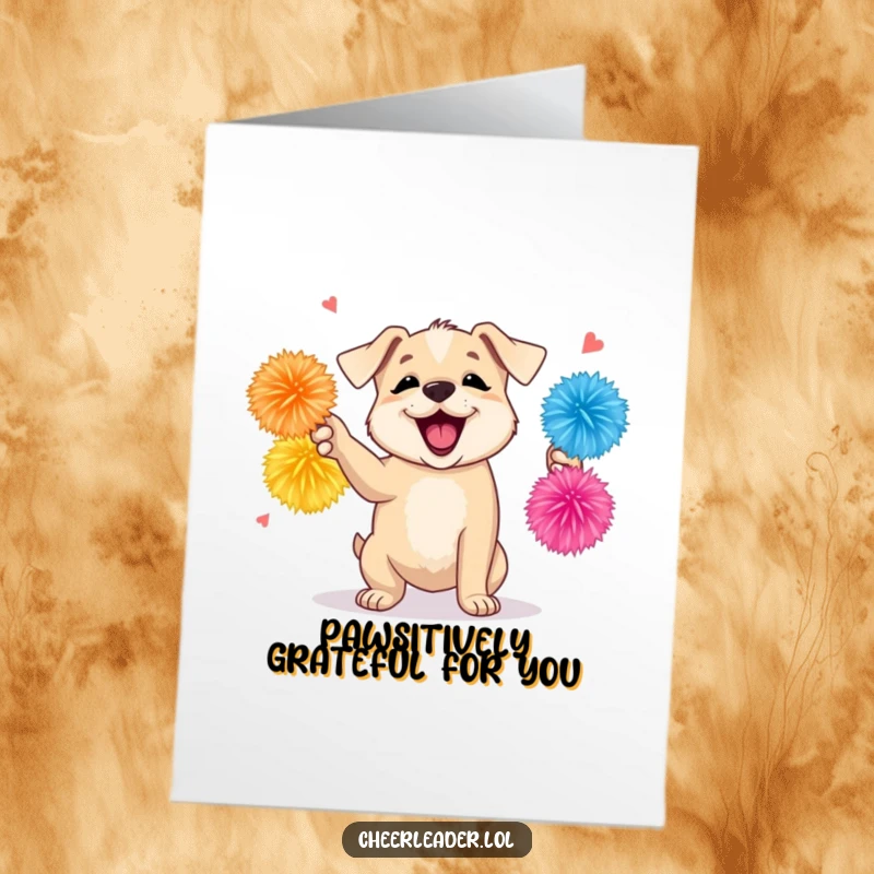 Funny Free Printable Thank You Card: A cute puppy with pom-poms, barking with joy and excitement to express heartfelt thanks.