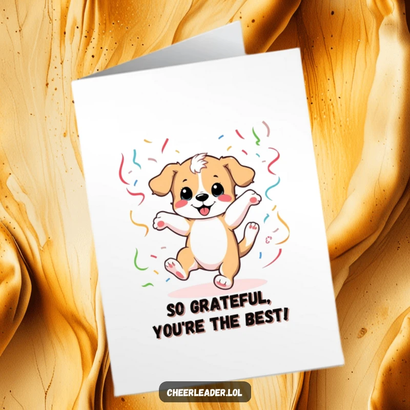 Funny Free Printable Thank You Card: A happy puppy performing a cartwheel with colorful streamers, expressing gratitude with canine energy.