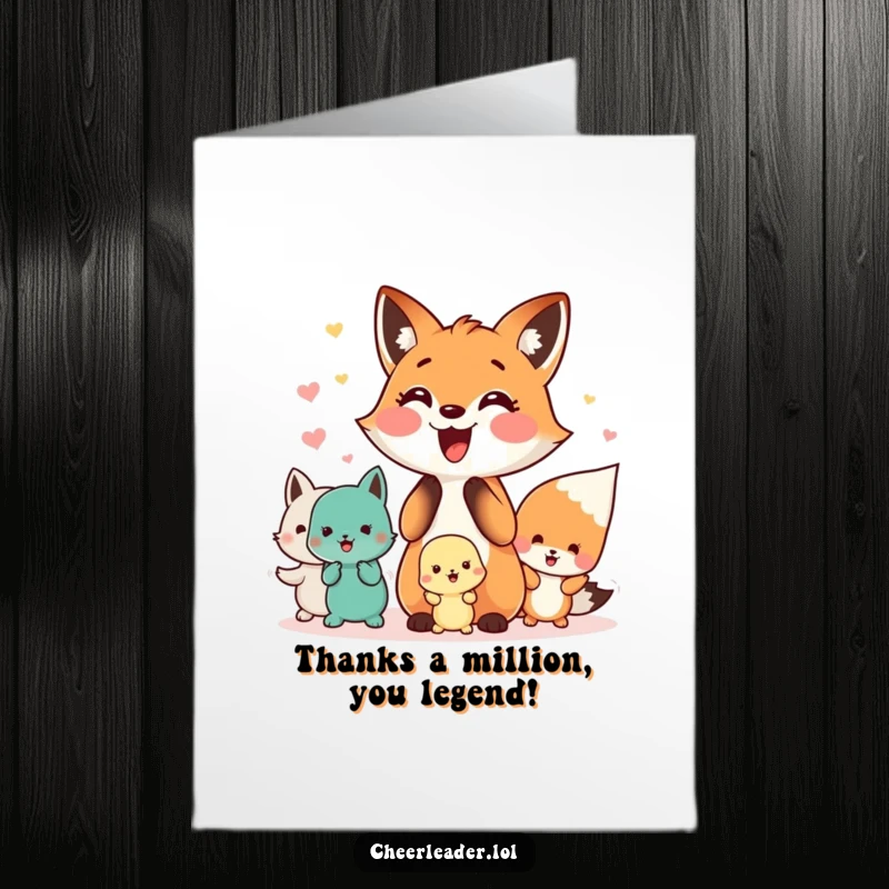 Funny Free Printable Thank You Card: A happy fox directing a squad of small animals in a formation, cheering with thanks.