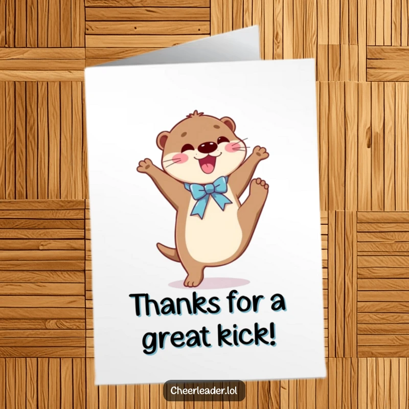 Funny free printable thank you card featuring a joyful otter in a ribbon performing a spirited high kick.